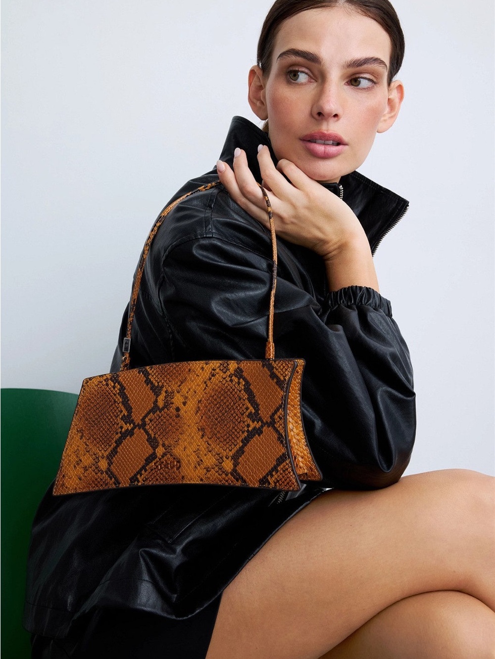 STAUD Brown Snake-Print Shoulder Bag